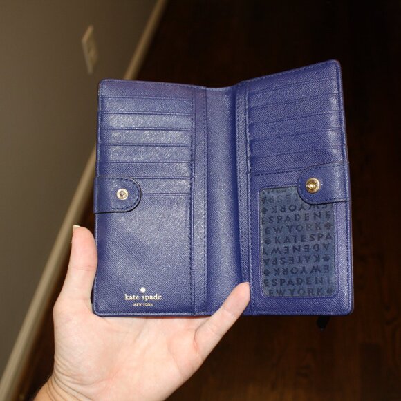 kate spade new york Blue Leather Wallets for Women for sale  Women’s Kate Spade Wallet Navy Blue Card Holder Leather Snap Button